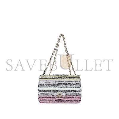 CHANEL MINI RECTANGULAR FLAP WHITE MULTICOLOR SEQUIN LIGHT GOLD HARDWARE (20*13*5cm)